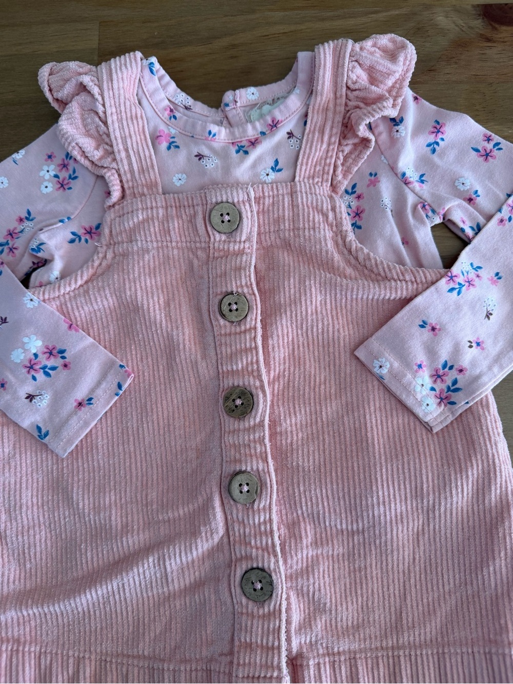 Pink Corduroy Button-Front Pinafore Dress with Floral Long-Sleeve Top 12/18M - Picture 2 of 10